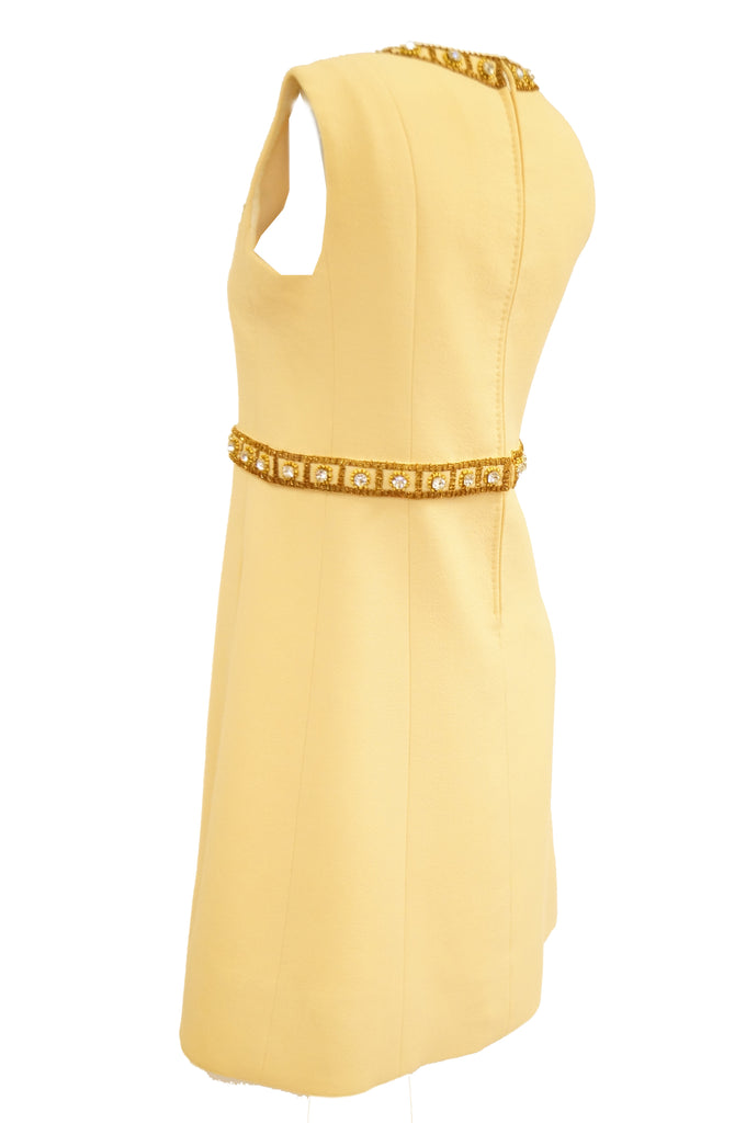 1960s Couture Cardinali Mod Shift Dress W/ Rhinestones & Gold Passementerie