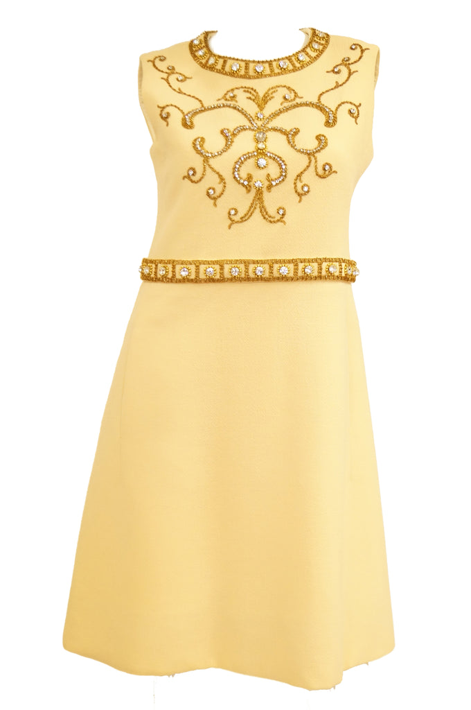 1960s Couture Cardinali Mod Shift Dress W/ Rhinestones & Gold Passementerie