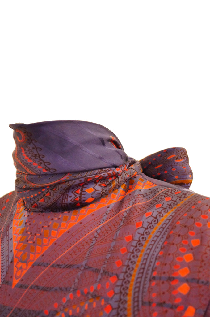 1970s Bill Blass Purple and Red Silk Evening Dress W/ Neck Tie/ Bow Detail