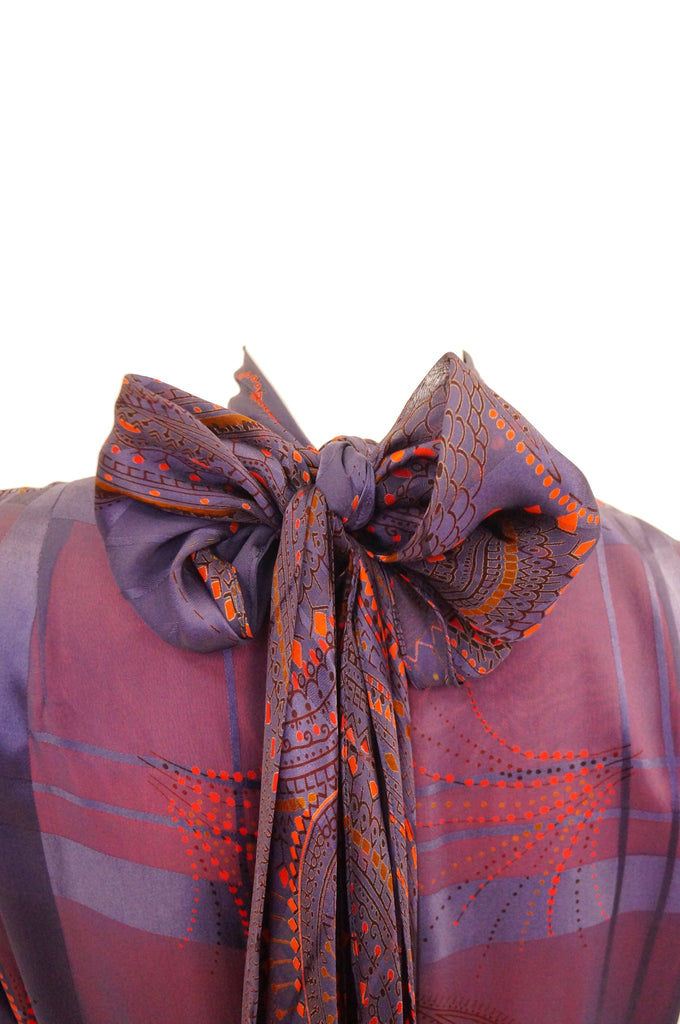 1970s Bill Blass Purple and Red Silk Evening Dress W/ Neck Tie/ Bow Detail