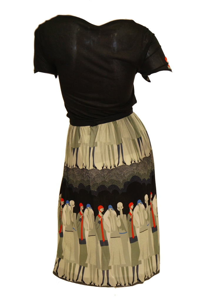 Vintage Jenast Paris Black and Olive Knit Wear 1920s Deco Print Skirt Set