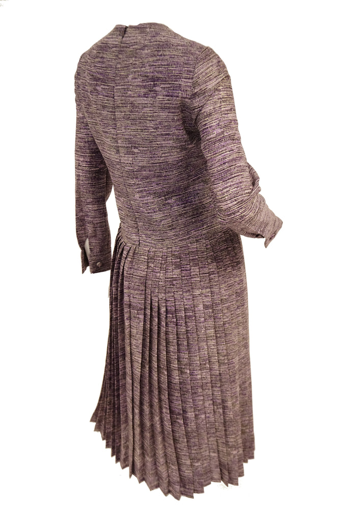 1970s Bill Blass Purple Drop Waist Pleat Skirt Dress