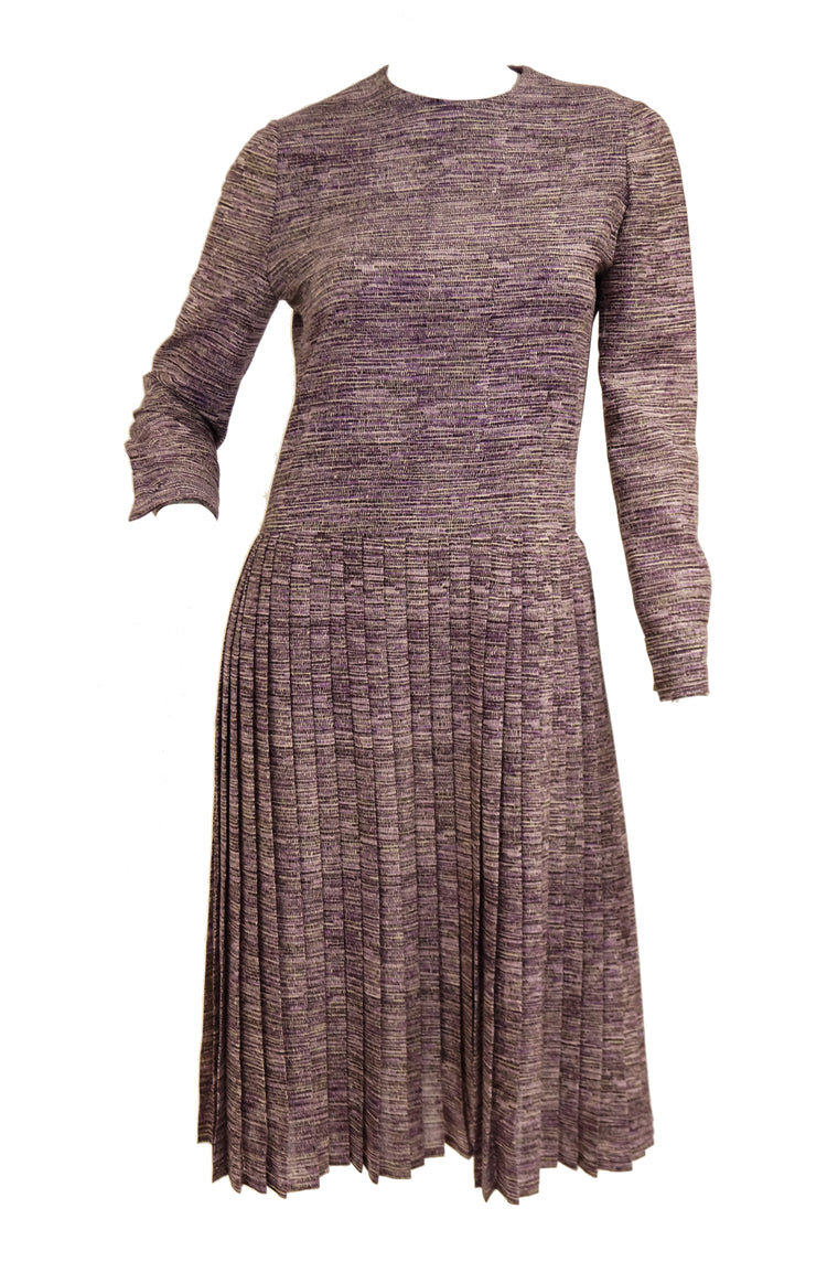 1970s Bill Blass Purple Drop Waist Pleat Skirt Dress