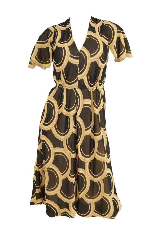 1960s Pauline Trigere Circle OP Art Cotton Dress w/ Scalloped Sleeve & Scarf