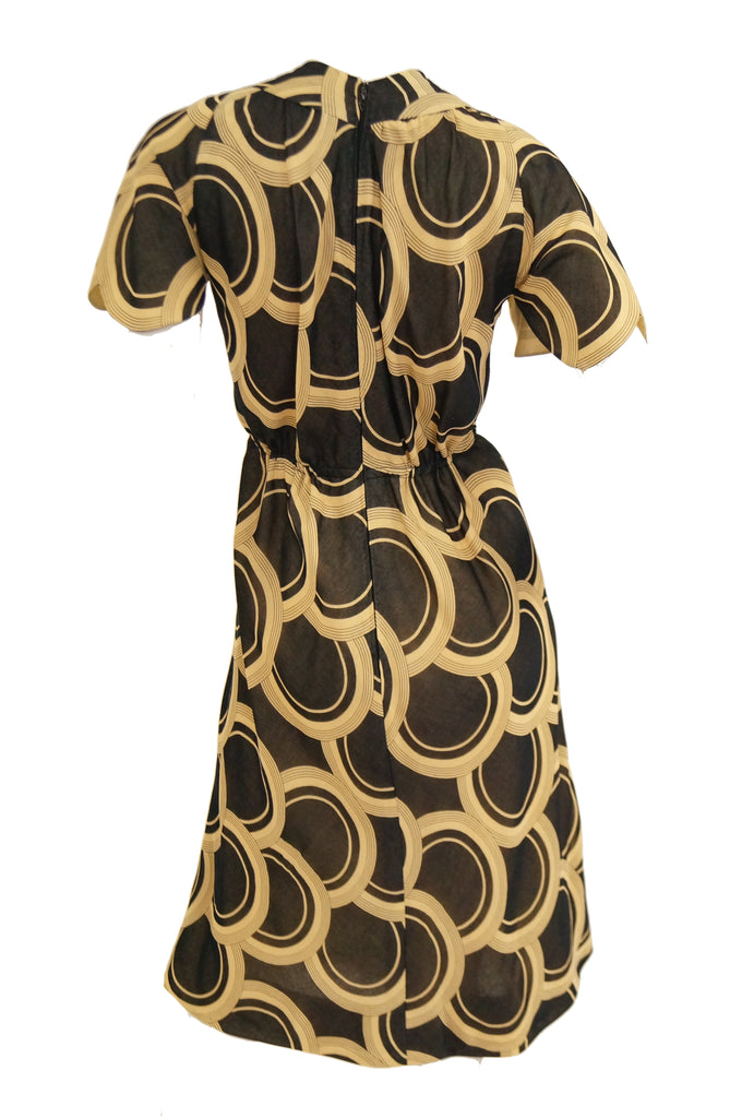 1960s Pauline Trigere Circle OP Art Cotton Dress w/ Scalloped Sleeve & Scarf
