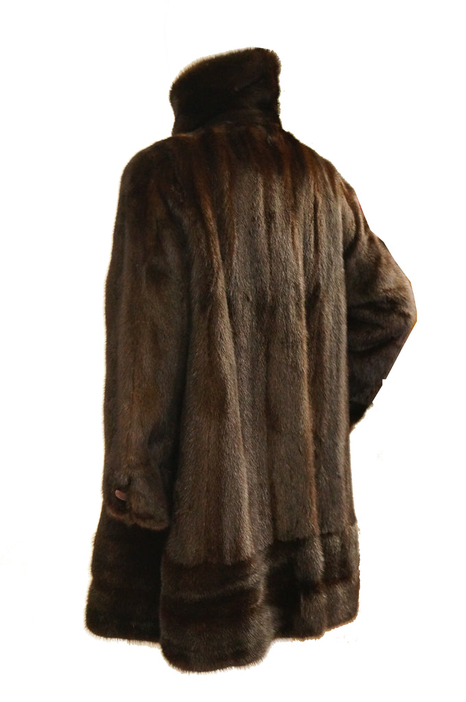 1960s Espresso Brown Mink Swing Coat with Rhinestone Detail Buttons