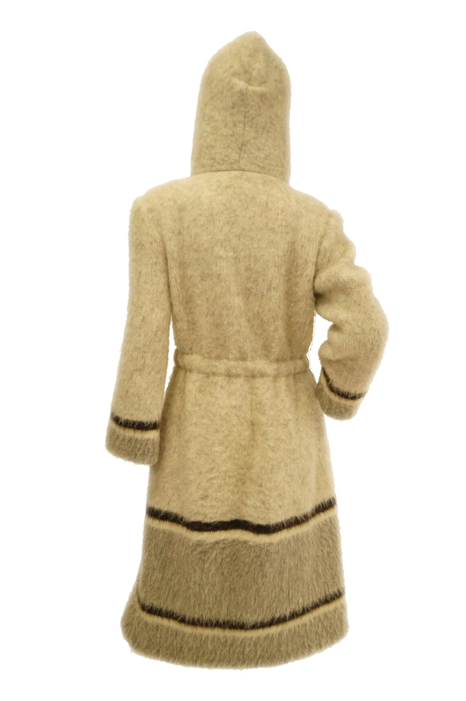 1960s Hilda Icelandic Oatmeal Wool Coat with Hood and Grey Stripe Detail
