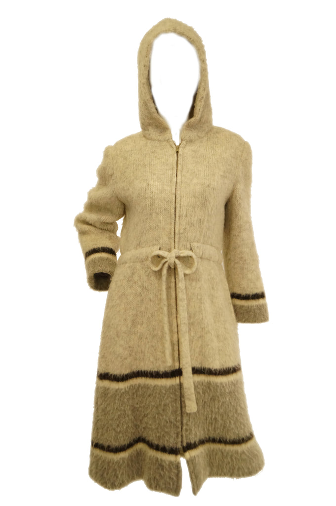 1960s Hilda Icelandic Oatmeal Wool Coat with Hood and Grey Stripe Detail