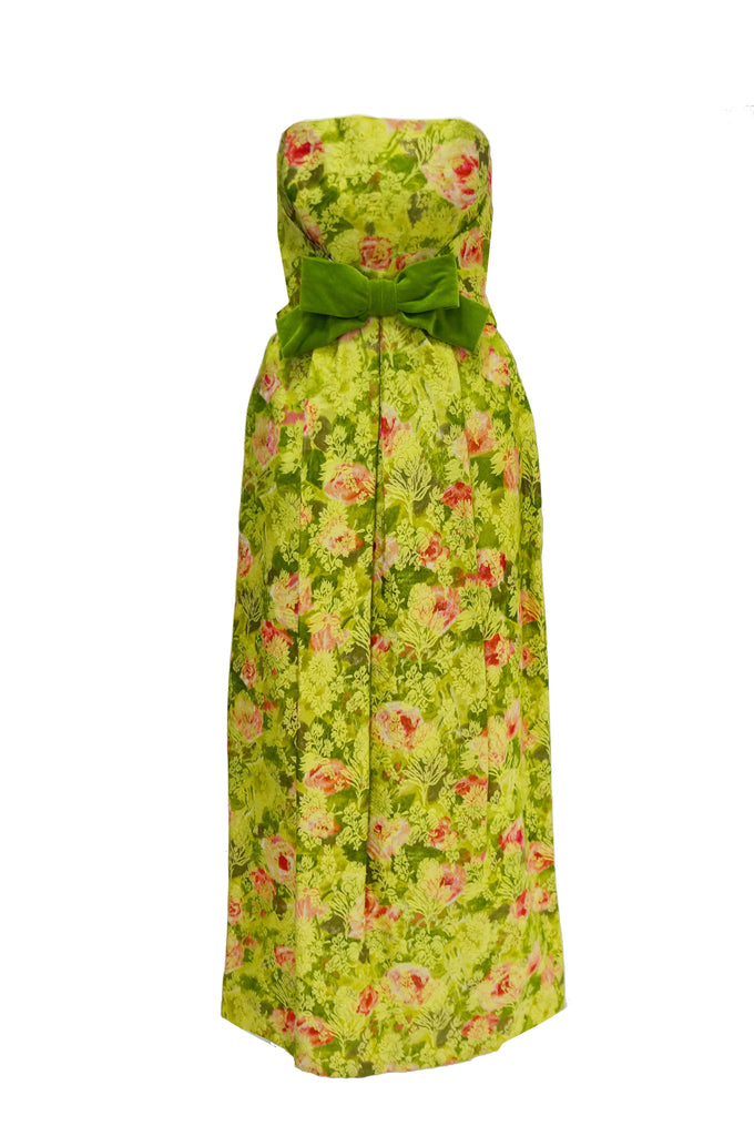1960s I. Magnin Apple Green and Pink Floral Empire Waist Evening Dress