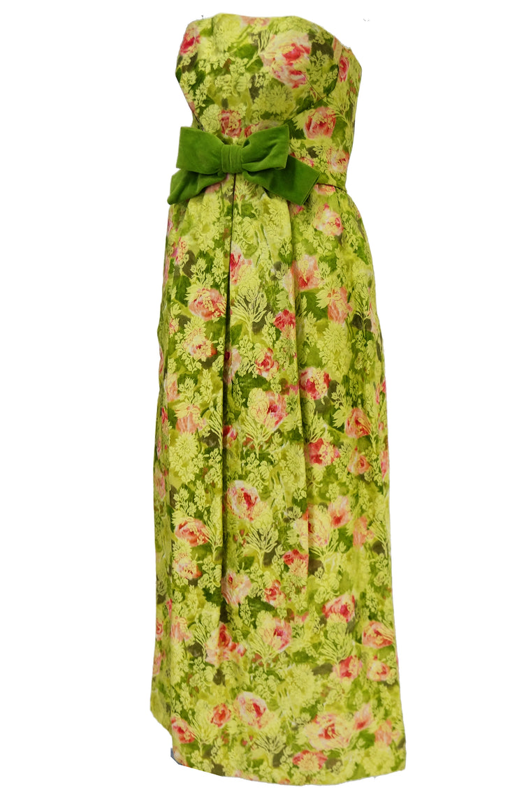 1960s I. Magnin Apple Green and Pink Floral Empire Waist Evening Dress