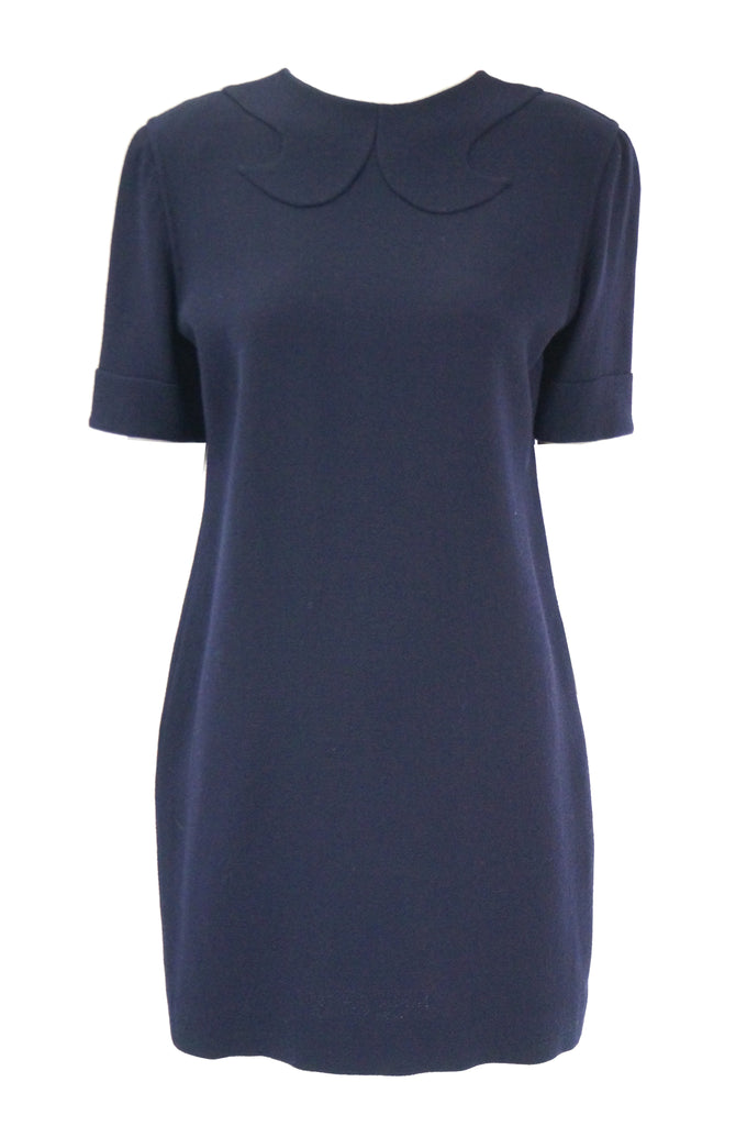 1990s Bill Blass Navy Blue Shift Dress with Curved Neckline Detail