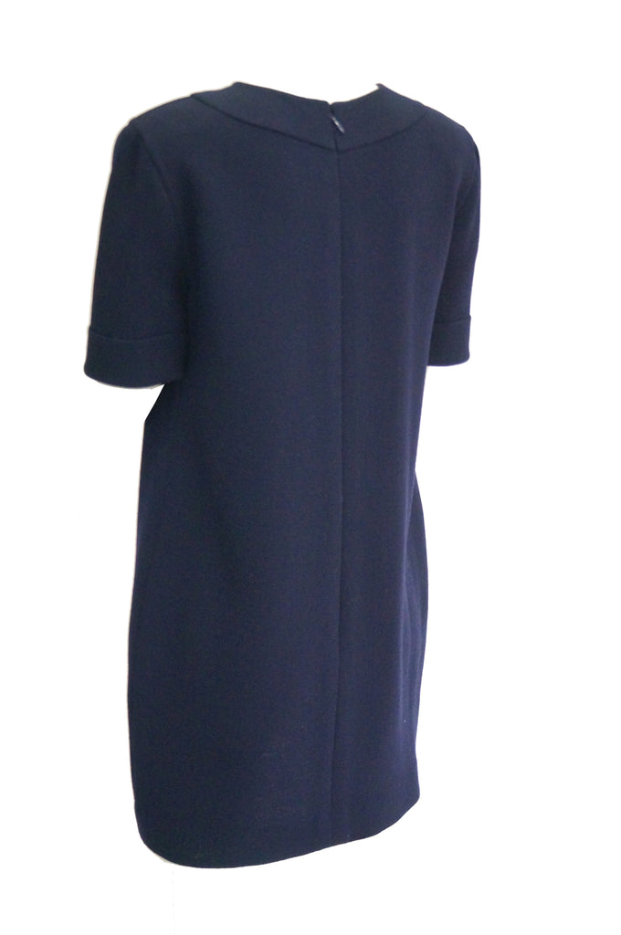 1990s Bill Blass Navy Blue Shift Dress with Curved Neckline Detail