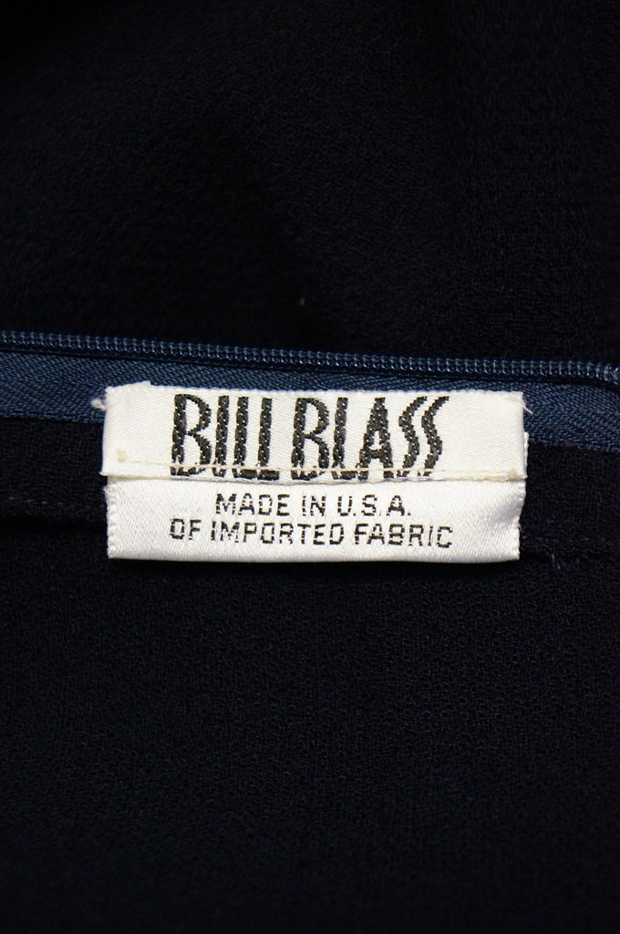 1990s Bill Blass Navy Blue Shift Dress with Curved Neckline Detail