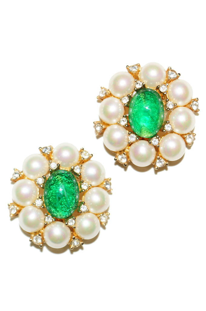 1960s Christian Dior Poured Glass Emerald and Faux Pearl Earrings
