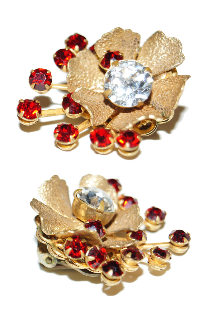 1950s Miriam Haskell Red Rhinestone Sunburst Floral Earrings