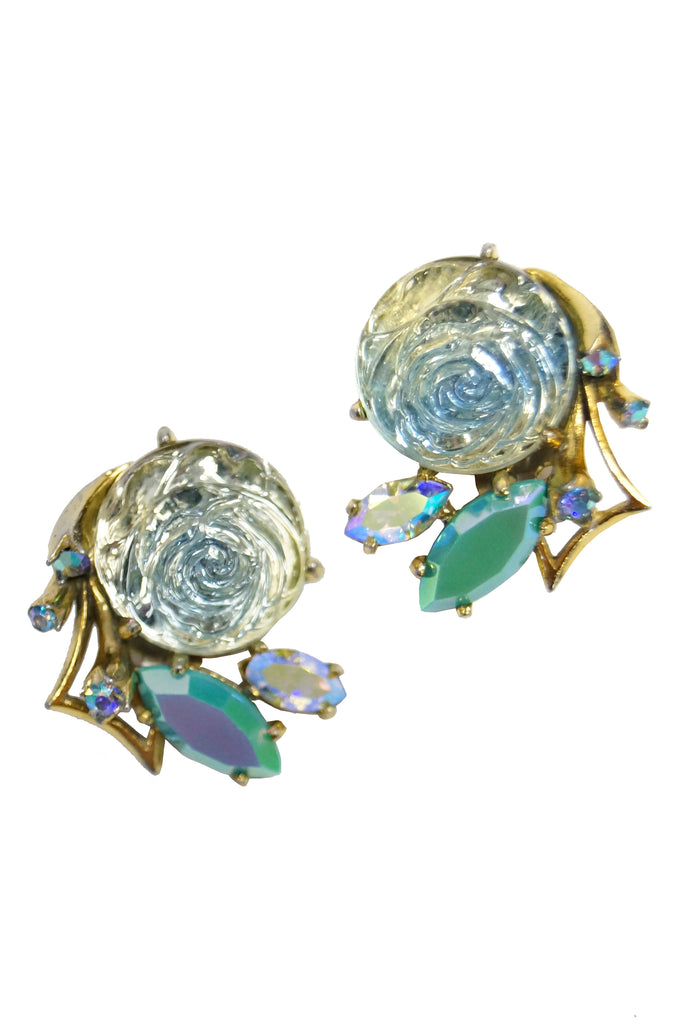 1950s Elsa Schiaparelli Iridescent Blue Art Glass Rose and Rhinestone Earrings