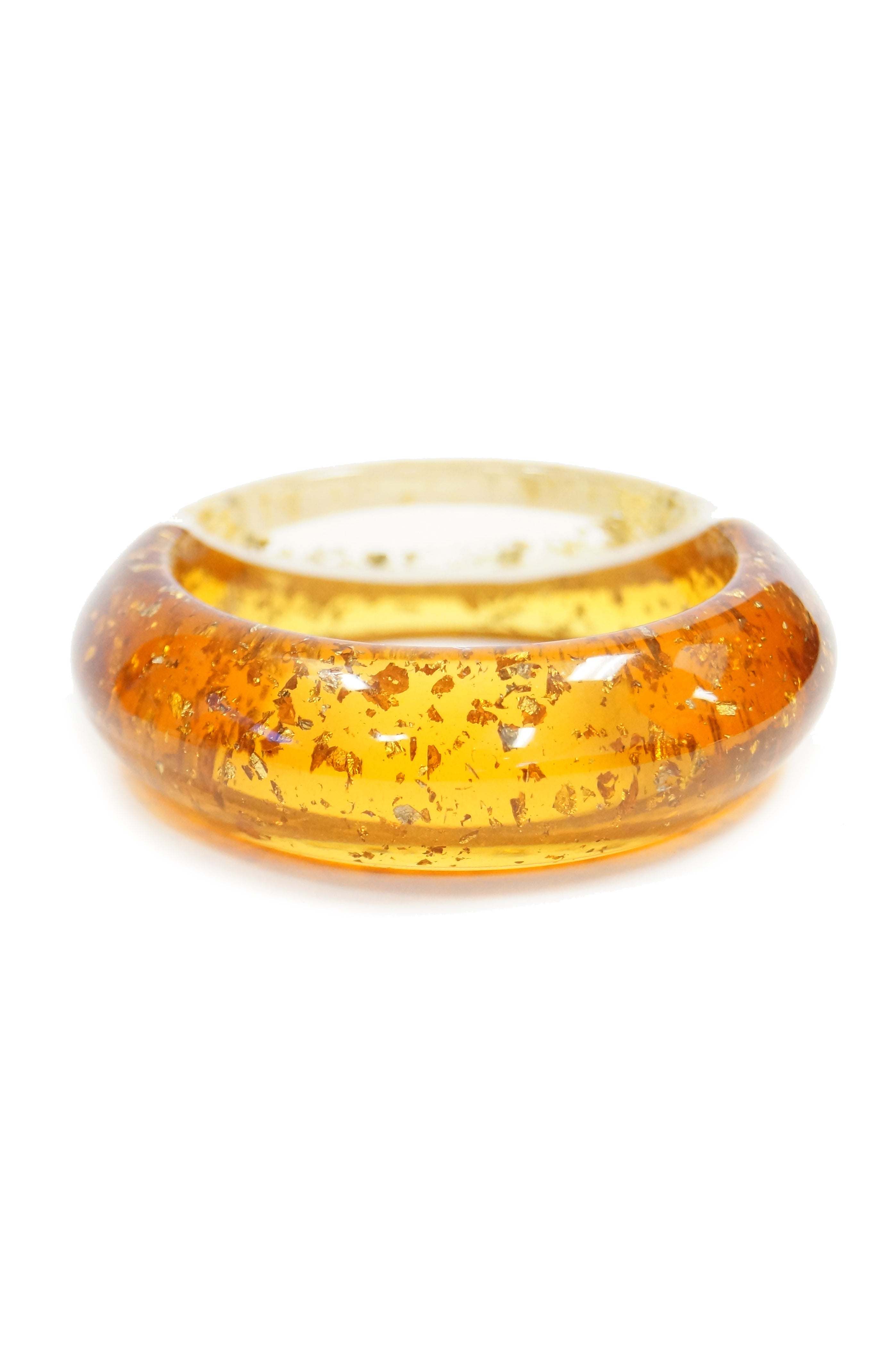 1950s Amber Lucite Bangle with Glitter and Rhinestone Inclusions 