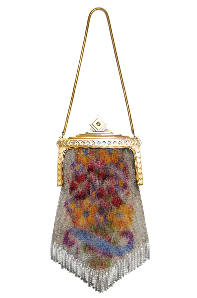 1920s Whiting & Davis Floral Enamel Dresden Mesh Evening Bag with Deco Clasp