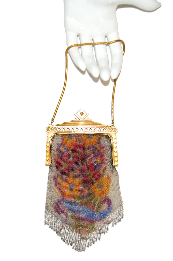 1920s Whiting & Davis Floral Enamel Dresden Mesh Evening Bag with Deco Clasp
