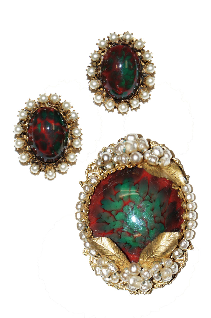 1950s Miriam Haskell Green & Red Poured Glass and Pearl Floral Demi Parure