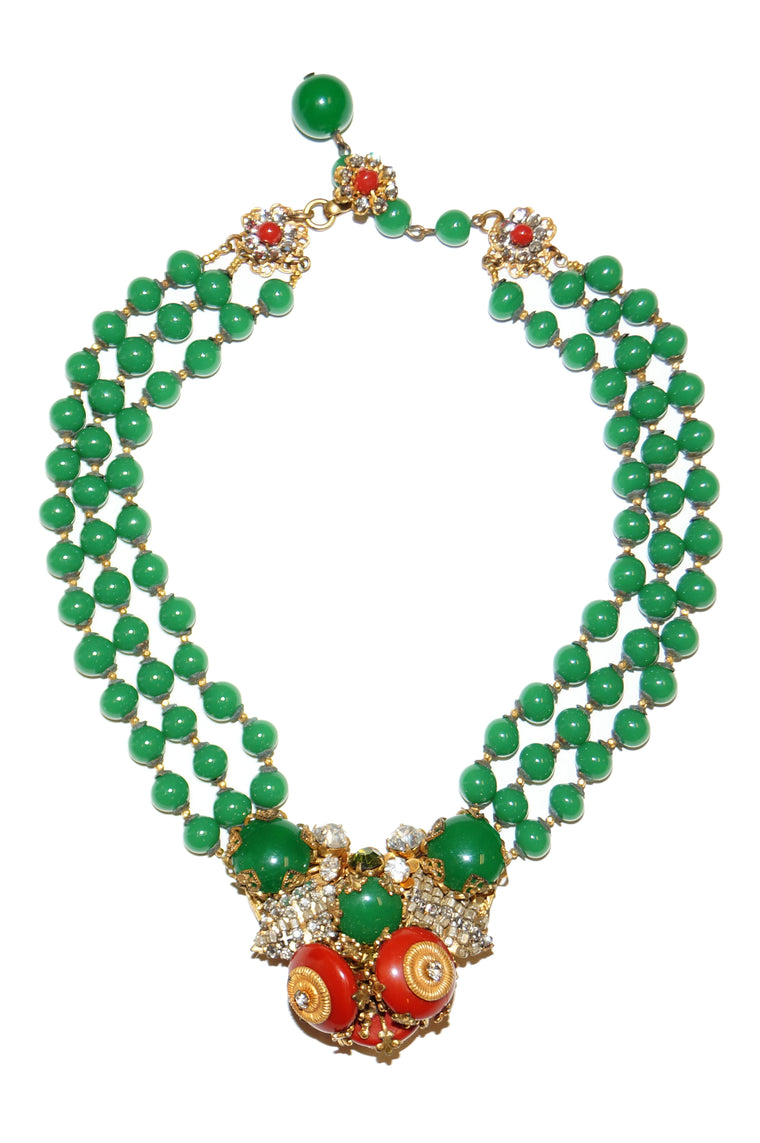 1950s Miriam Haskell Green and Red Glass and Rhinestone Floral Choker