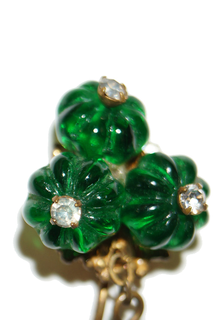 1950s Miriam Haskell Emerald Green Poured Glass and Rhinestone Drop Earrings