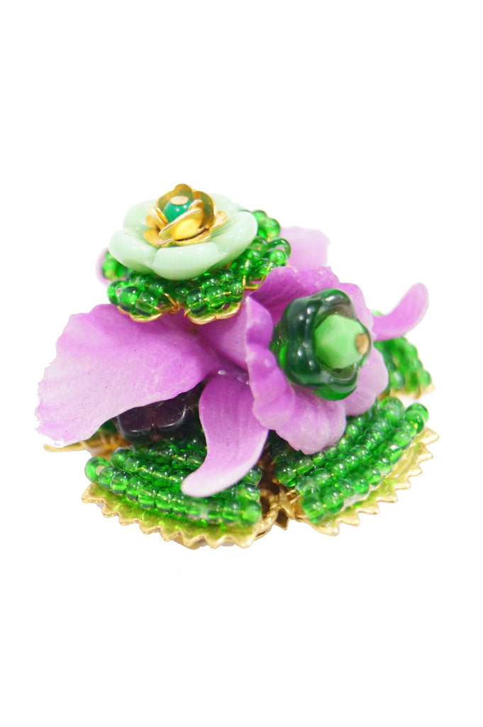 1960s Stanley Hagler Pink and Green Poured Glass Floral Dangle Brooch