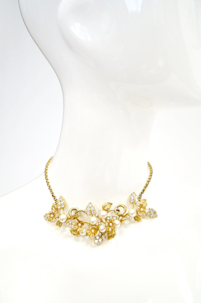 1960s Hattie Carnegie Floral Gold Tone Rhinestone Entremble Necklace