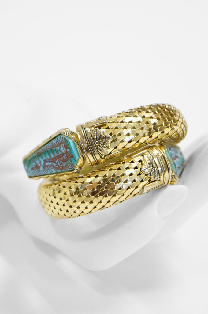 1970s Whiting & Davis Egyptian Revival Pharaoh Bracelet and Earrings