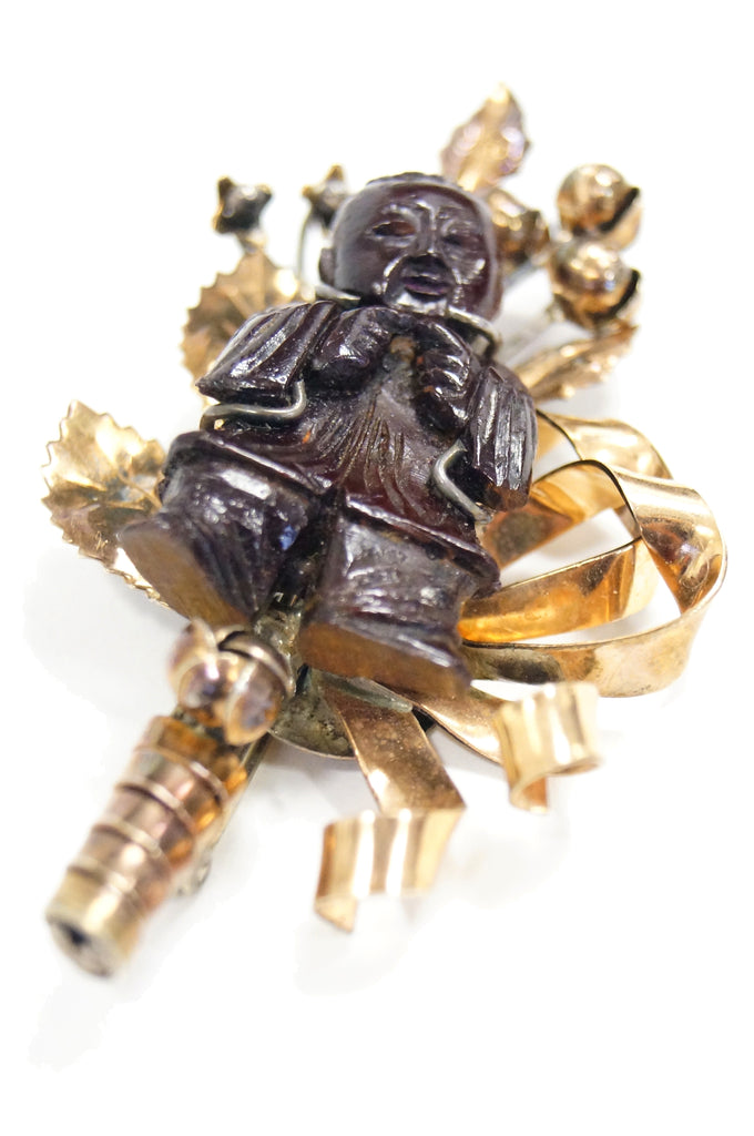 1940s Hobe Sterling Vermeil Carved Wood Chinese Figural Demi Parure