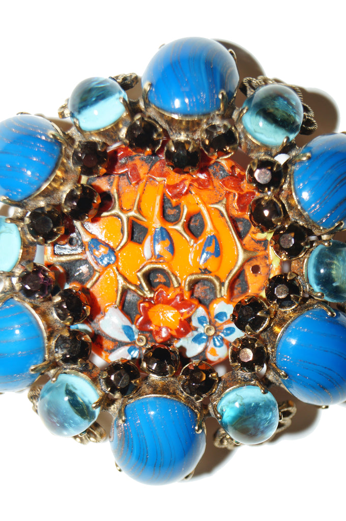 Schreiner New York Blue & Orange Poured Glass Floral Statement Brooch