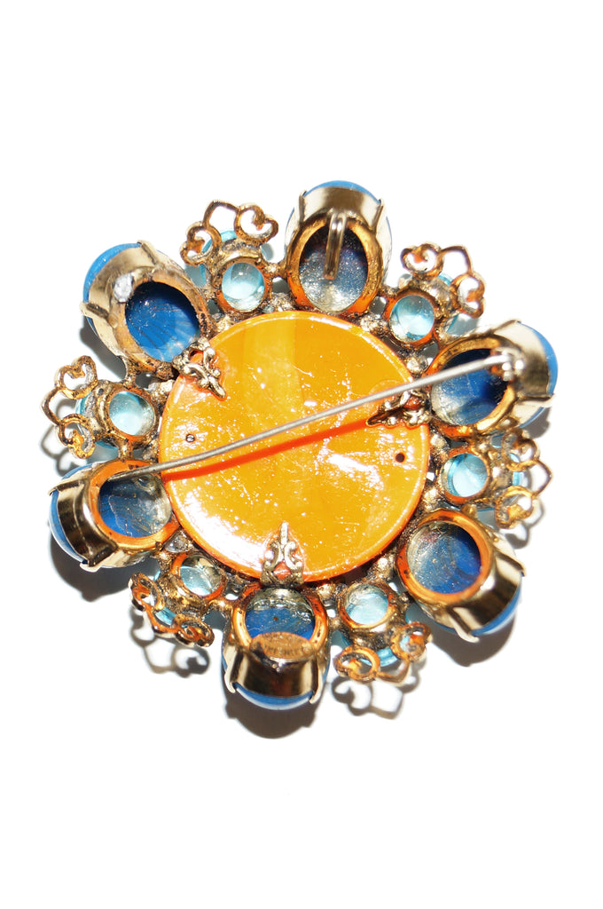 Schreiner New York Blue & Orange Poured Glass Floral Statement Brooch