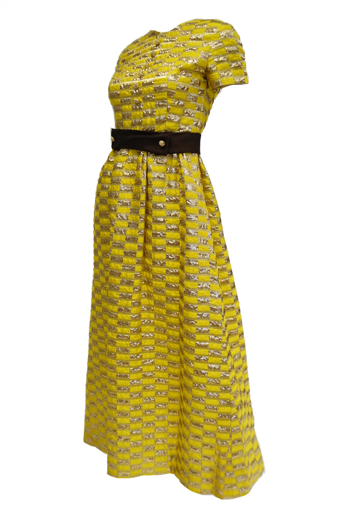 1960s Oscar de la Renta Yellow and Gold Checkerboard Print Evening Dress