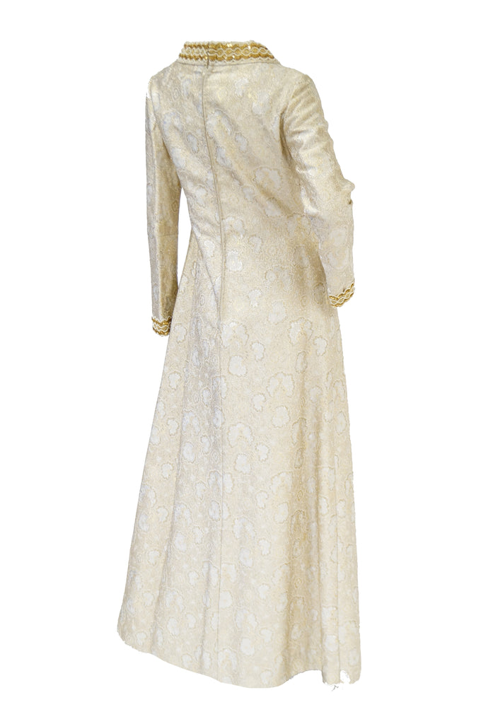 1960s Couture Metallic Gold Brocade Maxi Dress with Sequin and Pearl Bead Detail