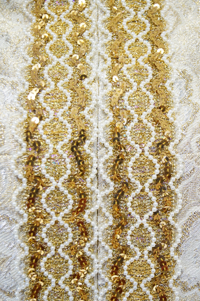 1960s Couture Metallic Gold Brocade Maxi Dress with Sequin and Pearl Bead Detail