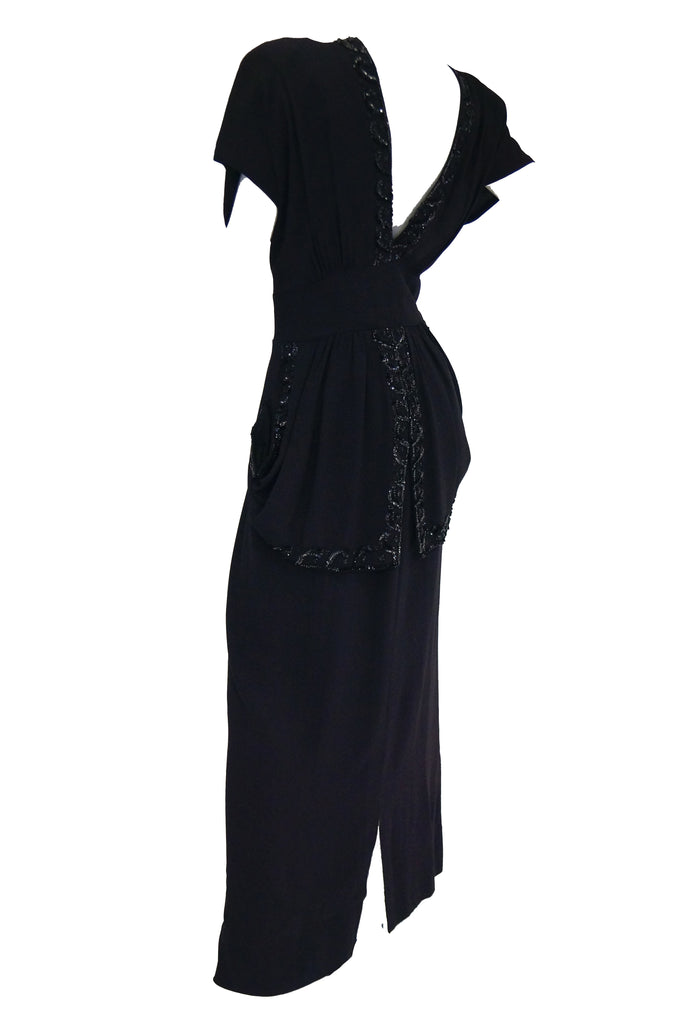1930s Black Bias Crepe Silk Dress w/ Bead, Sequin, Bustle, & Keyhole Neckline