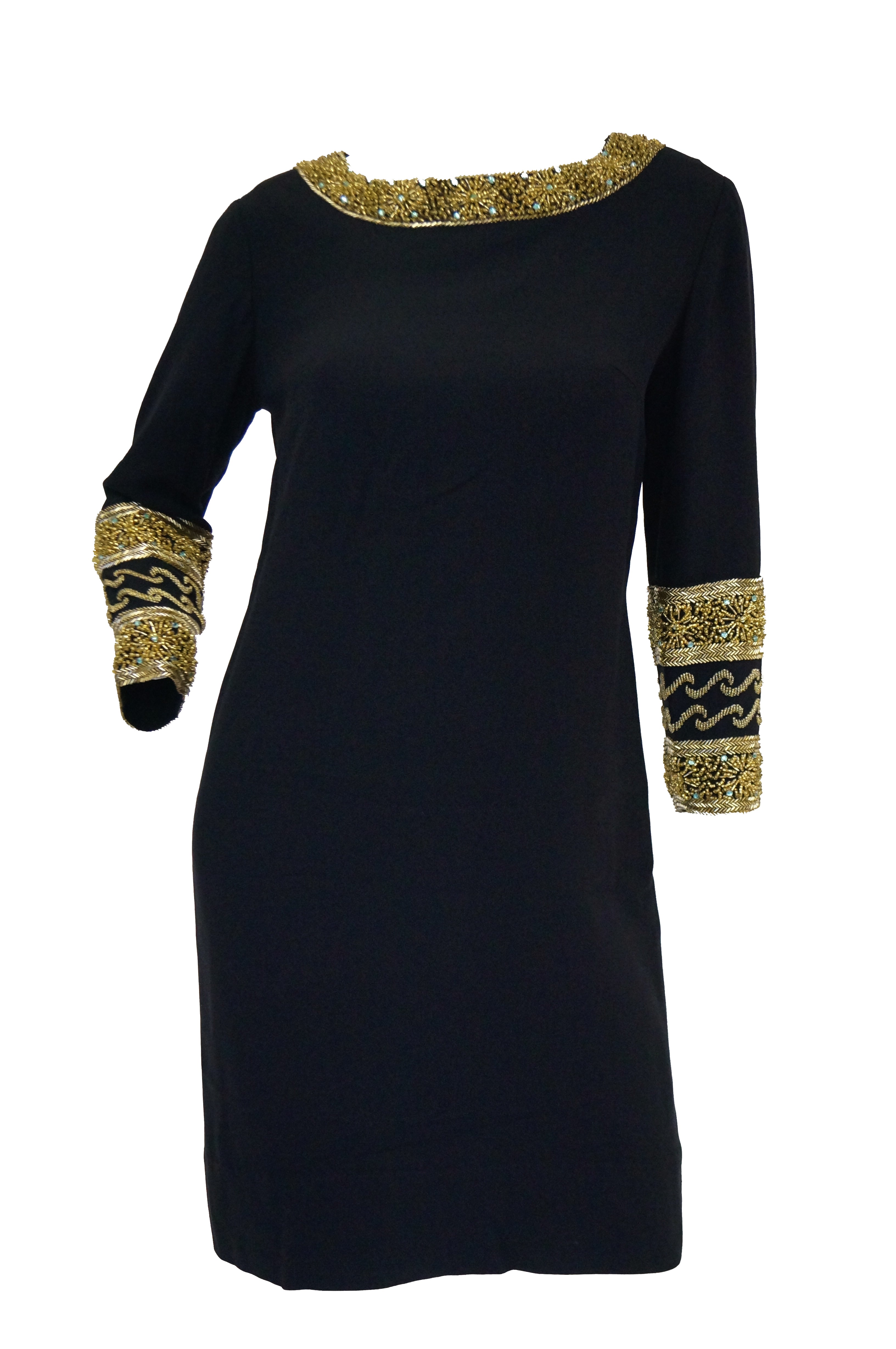 1960s Maisonette Silk Cocktail Dress w/ Gold Bead & Blue Rhinestone De ...