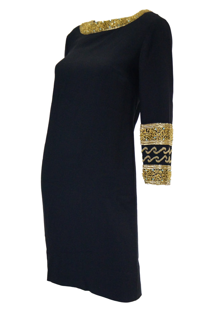 1960s Maisonette Silk Cocktail Dress w/ Gold Bead & Blue Rhinestone Detail