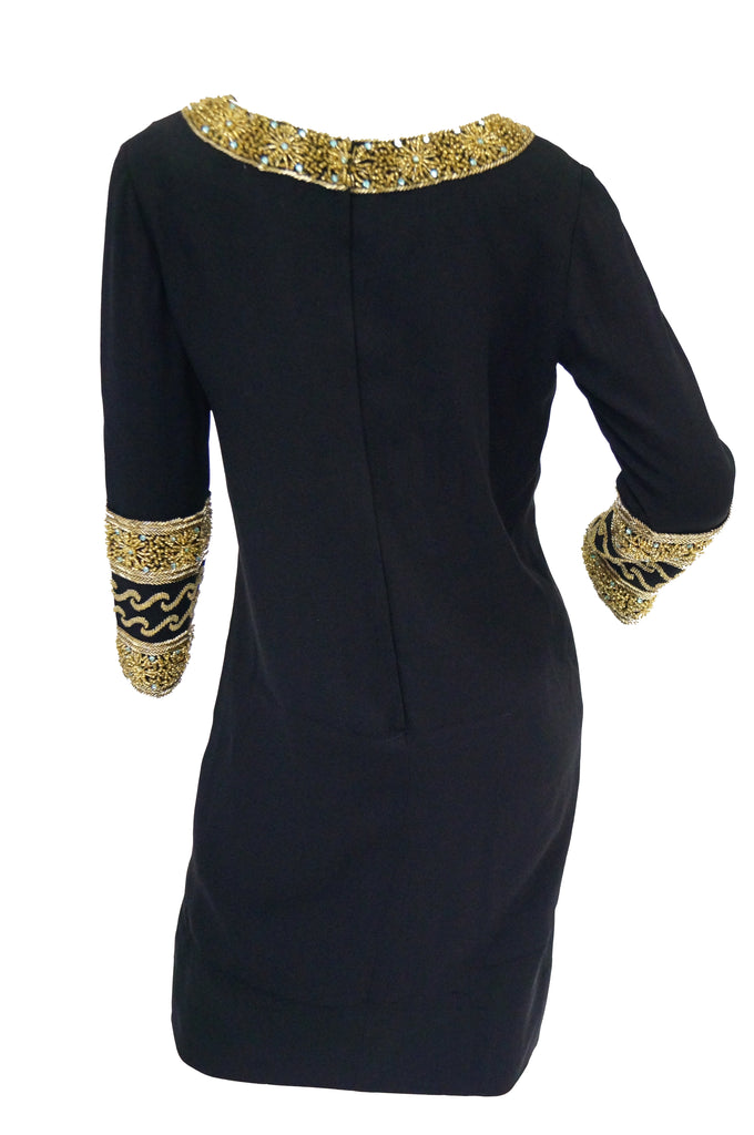1960s Maisonette Silk Cocktail Dress w/ Gold Bead & Blue Rhinestone Detail