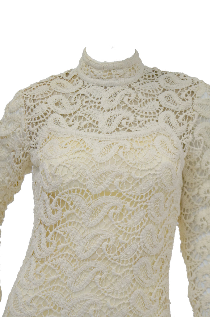 1970s Cream Crochet Paisley Lace Dress