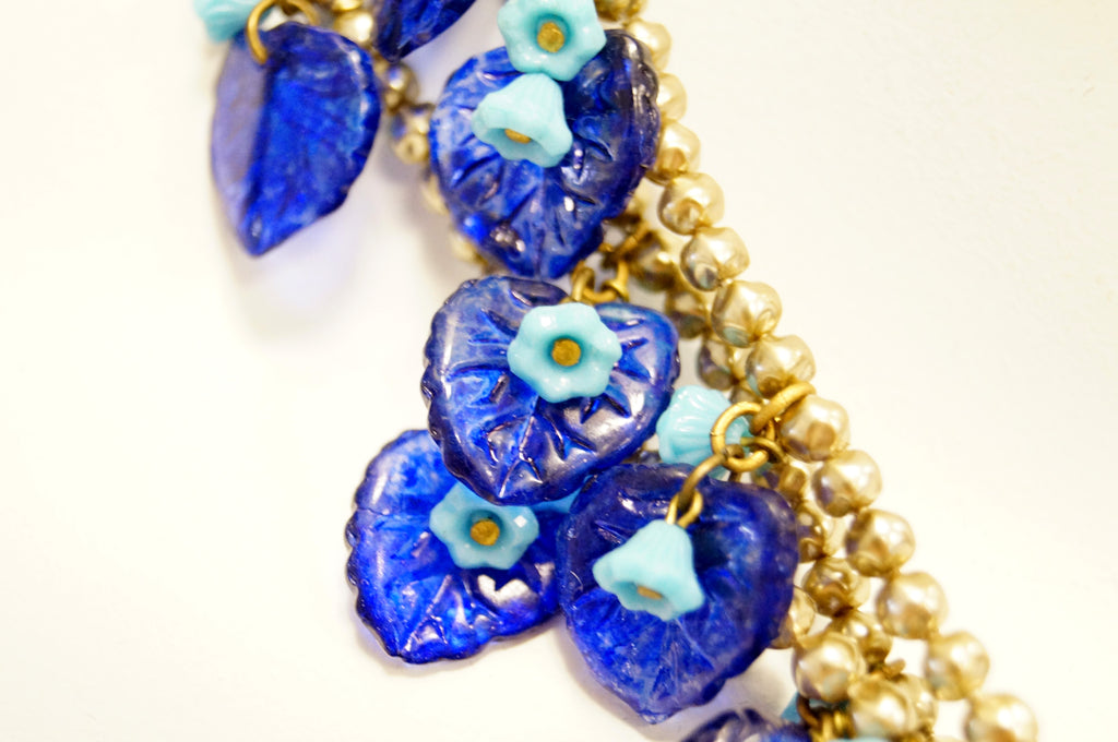 Mid Century Miriam Haskell Poured Art Glass Cobalt Flower Necklace