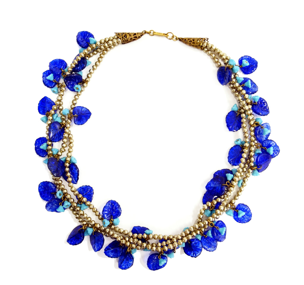 Mid Century Miriam Haskell Poured Art Glass Cobalt Flower Necklace