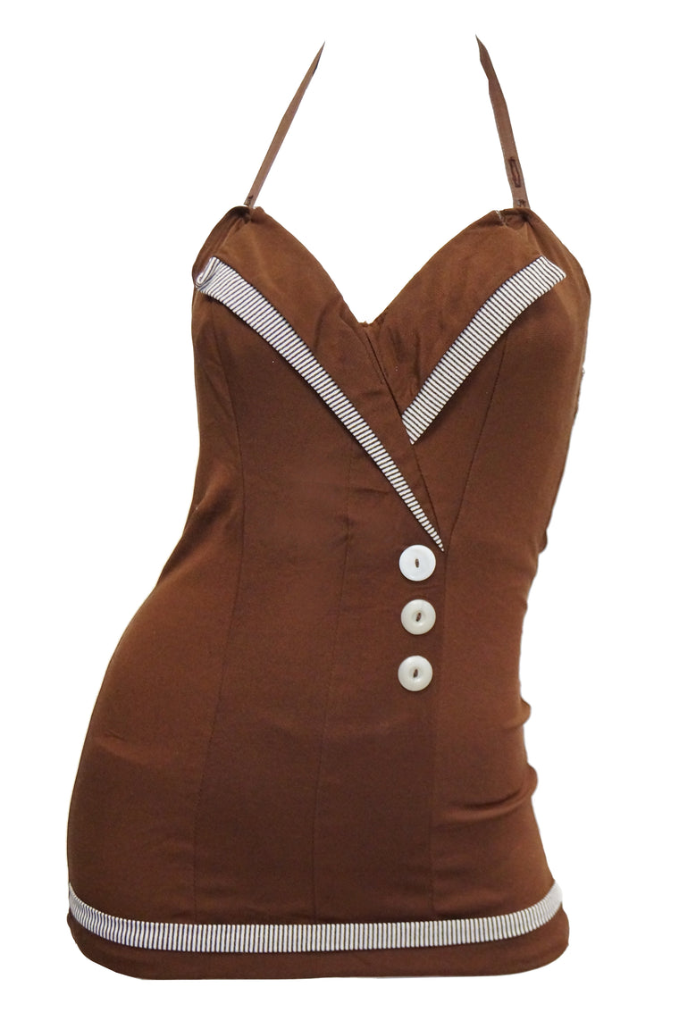 1950s Chocolate Brown Faux Wrap One Piece Sweetheart Swimsuit
