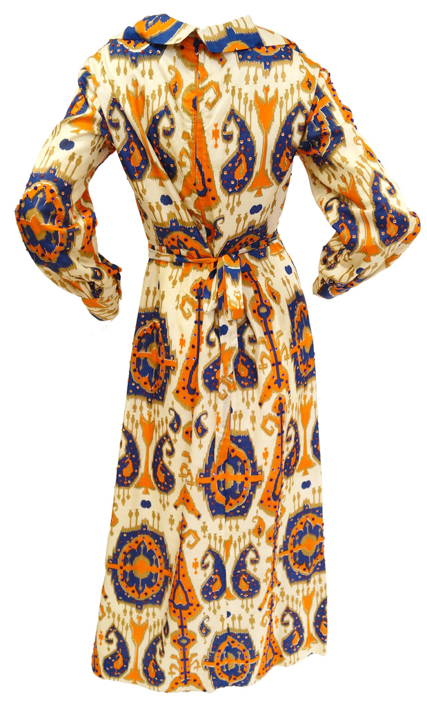 1970s Paisley Ikat Silk Beaded & Sequin Hostess Dress