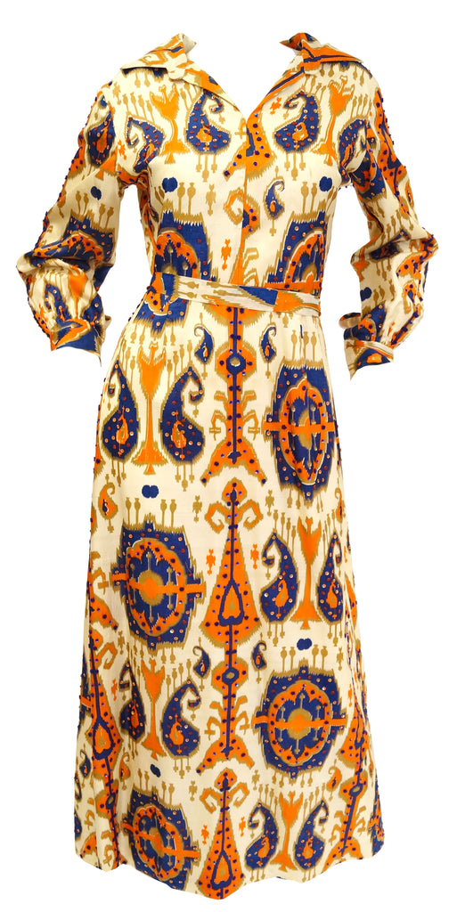 1970s Paisley Ikat Silk Beaded & Sequin Hostess Dress