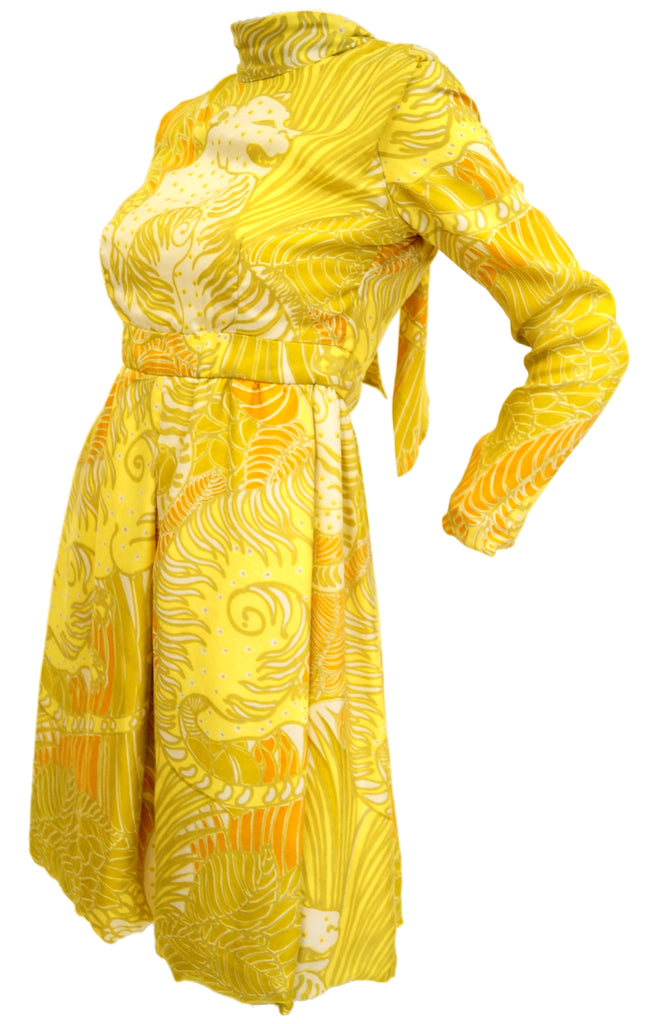 1960s George Halley Citrine Yellow Grinning Tiger Dress