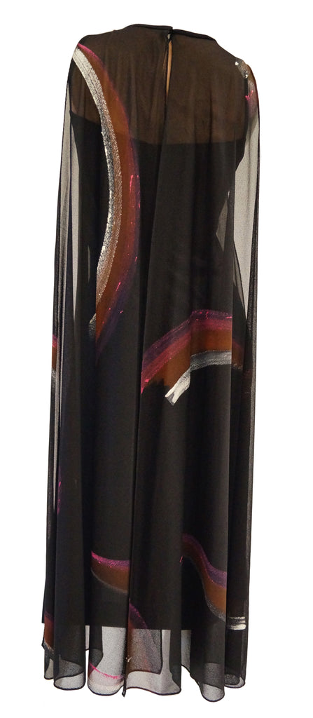 Early 1970s Lilli Diamond Hand Painted Brushstroke & Flutter Cocktail Dress