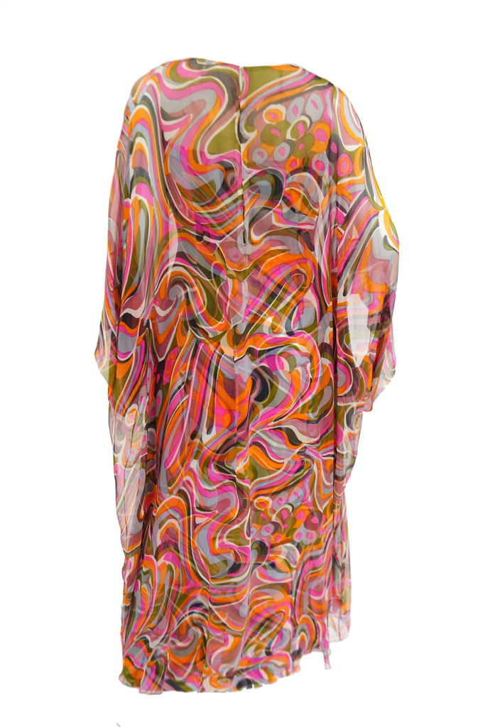 1960s Neiman Marcus Vibrant Pink Swirl Dress with Sheer Kimono Detail