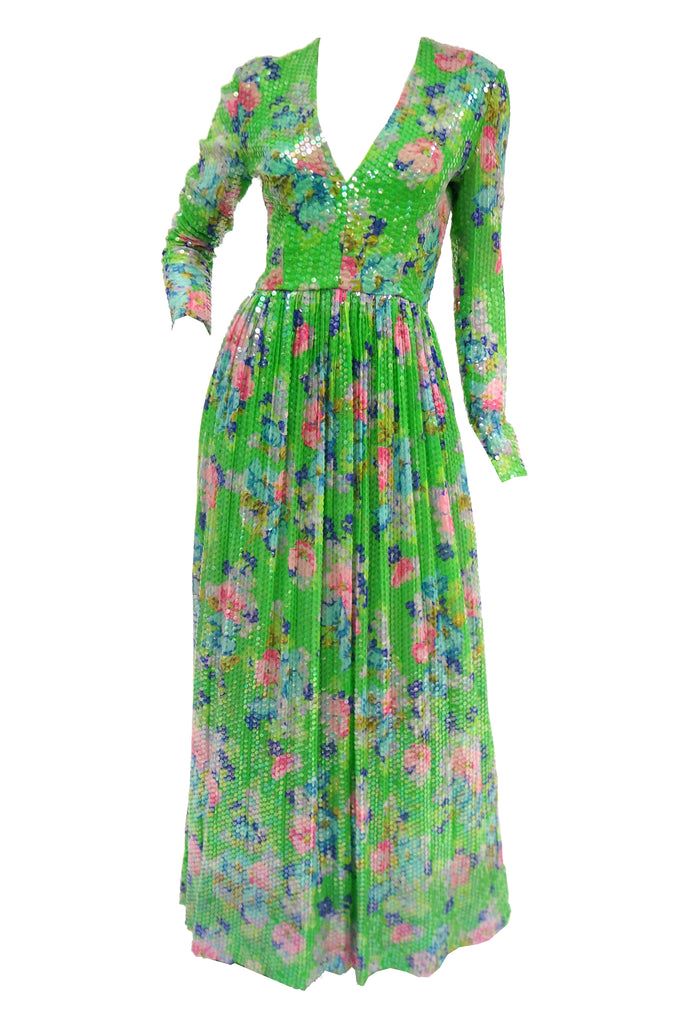 1970s Harold Levine Fully Sequined Green and Pink Floral Maxi Dress