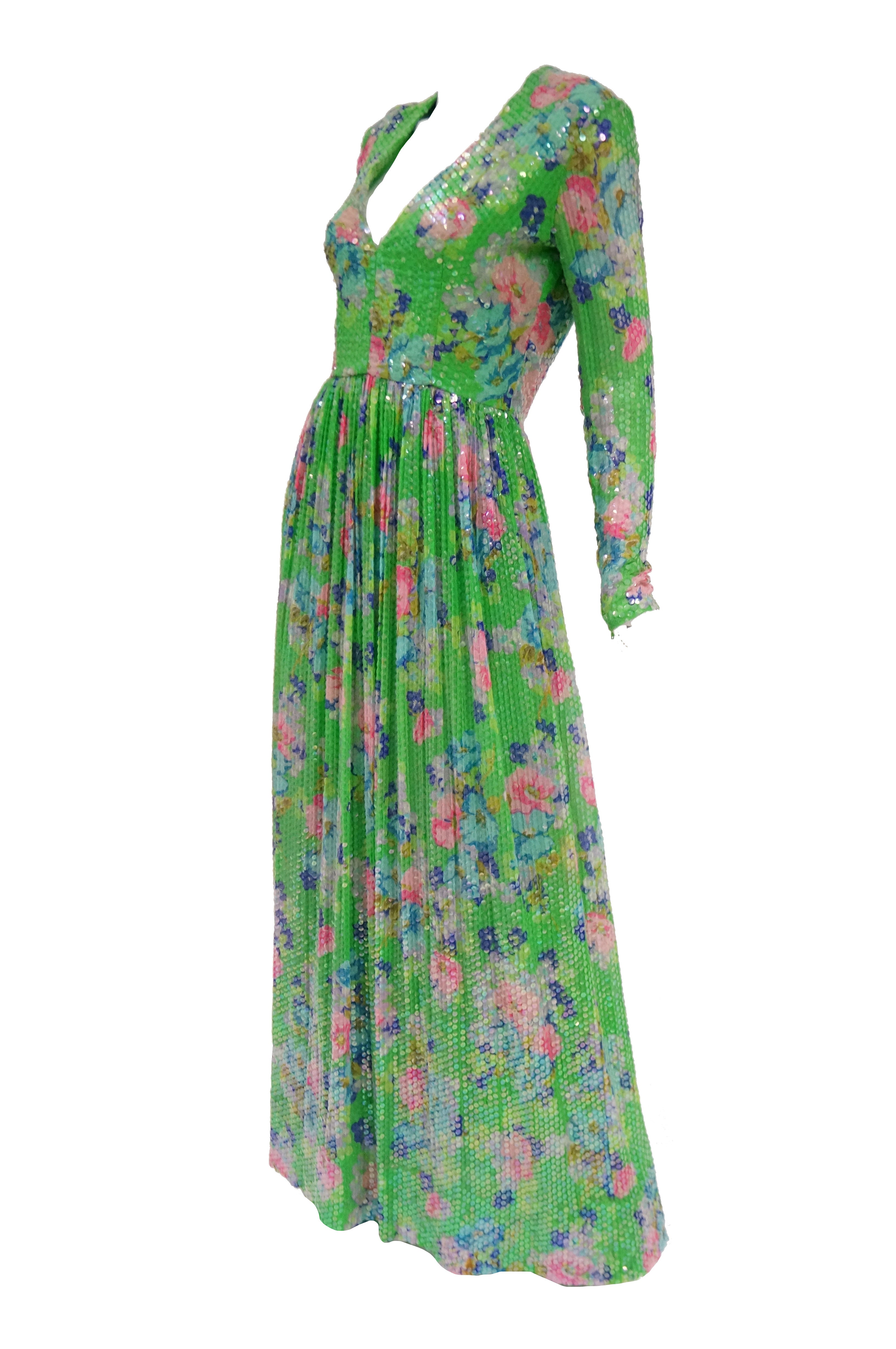 1970s Harold Levine Fully Sequined Green and Pink Floral Maxi Dress ...